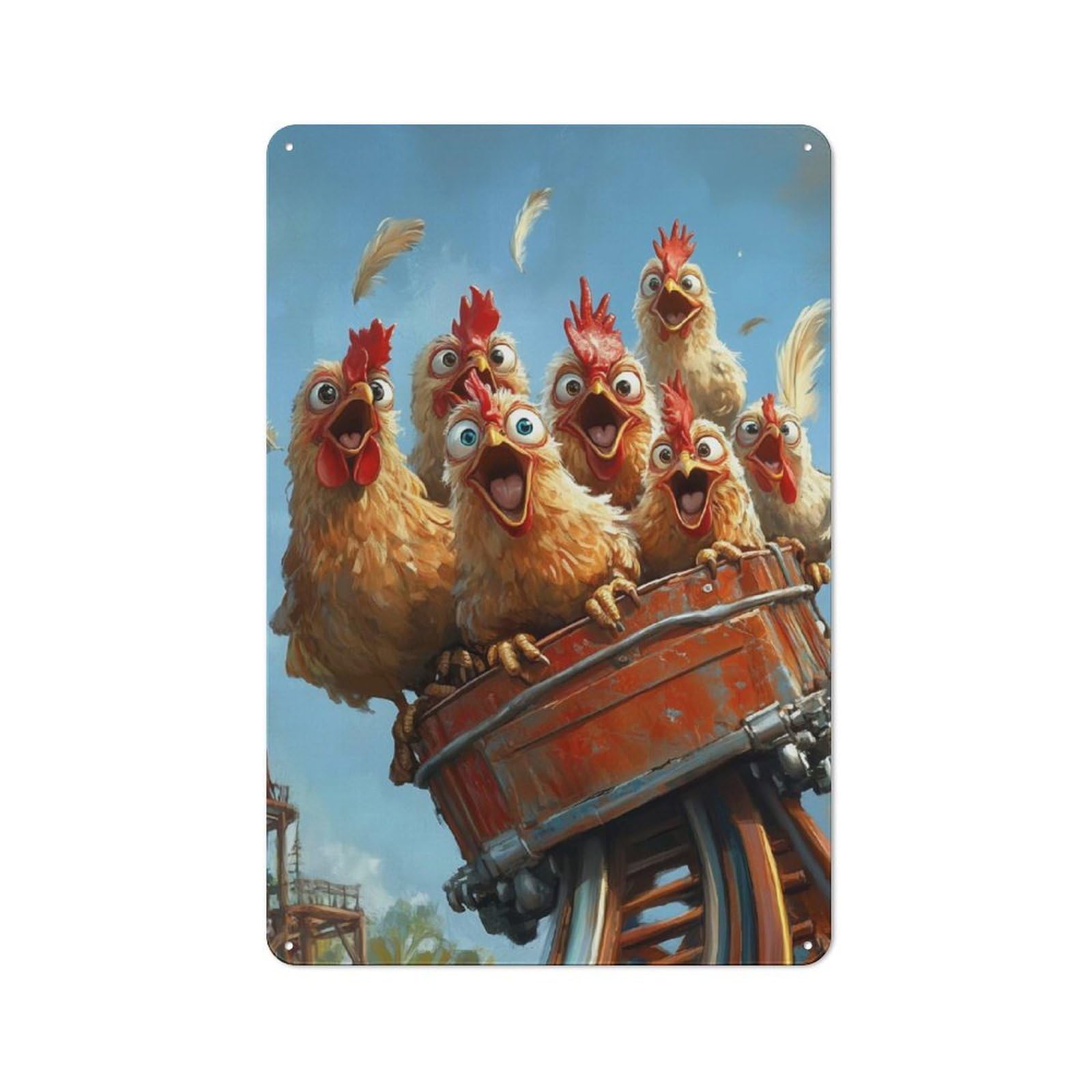 Junmoney Chickens On Rollercoaster Retro Tin Sign 30X20cm For Living Room Or Hallway, Gift For Living Room Decor Lovers During The Christmas Season