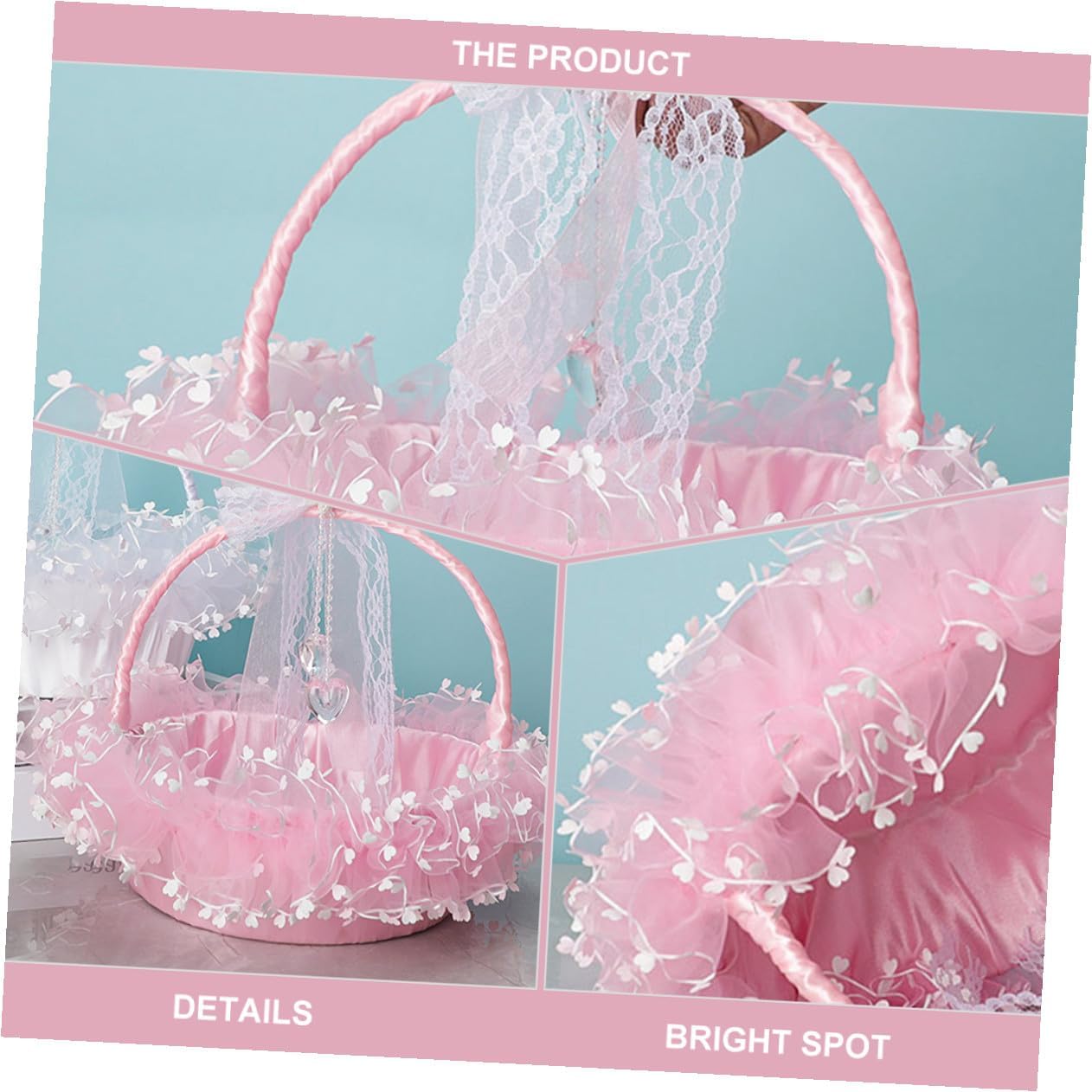 Lace Handheld Wedding Flower Girl Basket, Foldable Pink Woven Flower Holder for Ceremony Party, Storage Container for Bridal Toss and Decoration
