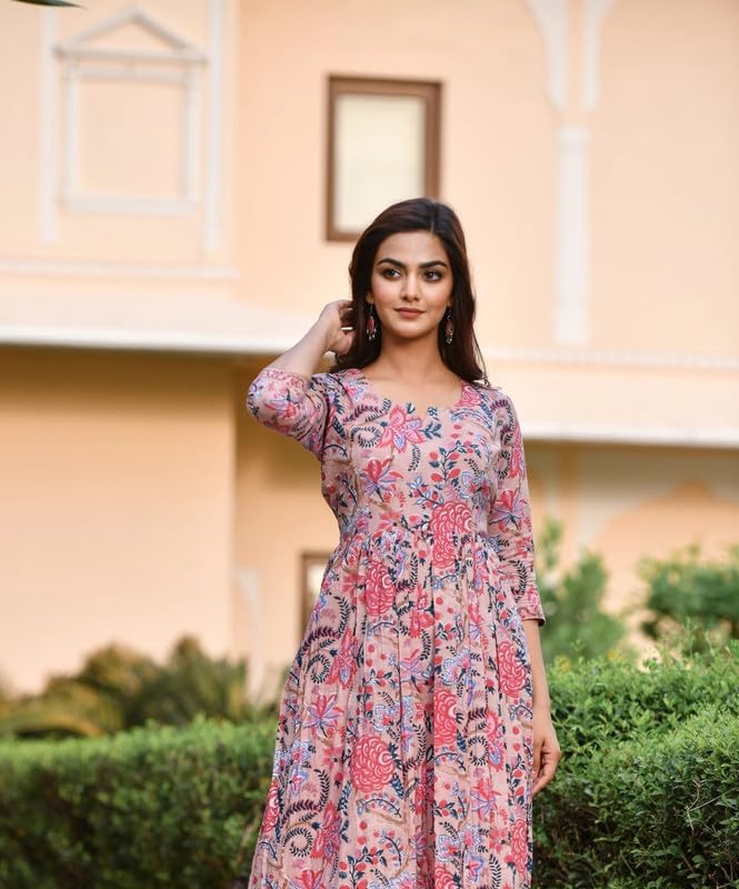 Image of PRISTINO Women's Rayon Floral Print Anarkali Kurta And Trouser With Dupatta Set