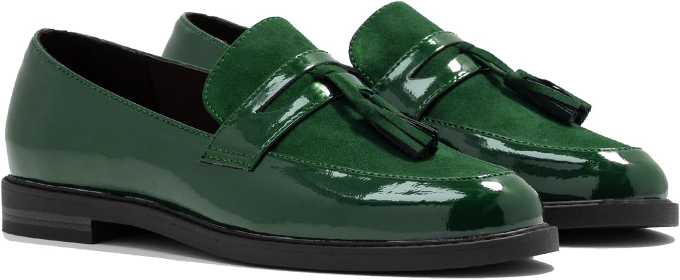 Women Low Chunky Heel Loafer Shoes Tassel Round Toe Slip On Dress Loafers Fringe 1" Block Low Heel Dress Loafers Patent Suede Penny Loafers Comfy Office Shoes Green 9.5 M US - Image 3
