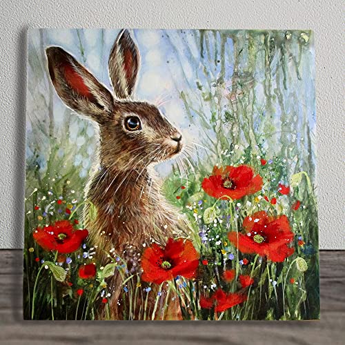 Image of Poppy Hare Ceramic Picture Tile Artwork By Judith Yates Hanging Wall Art Home Décor