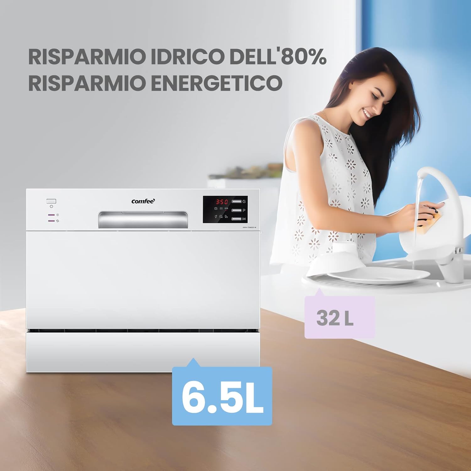 COMFEE Lavastoviglie compatta da tavolo TD602E-S Mini lavastoviglie con 6 coperti, 6 programmi, display a LED, avvio ritardato e funzione di lavaggio nelle Ore non di Punta - Argento [Classe di efficienza energetica F]