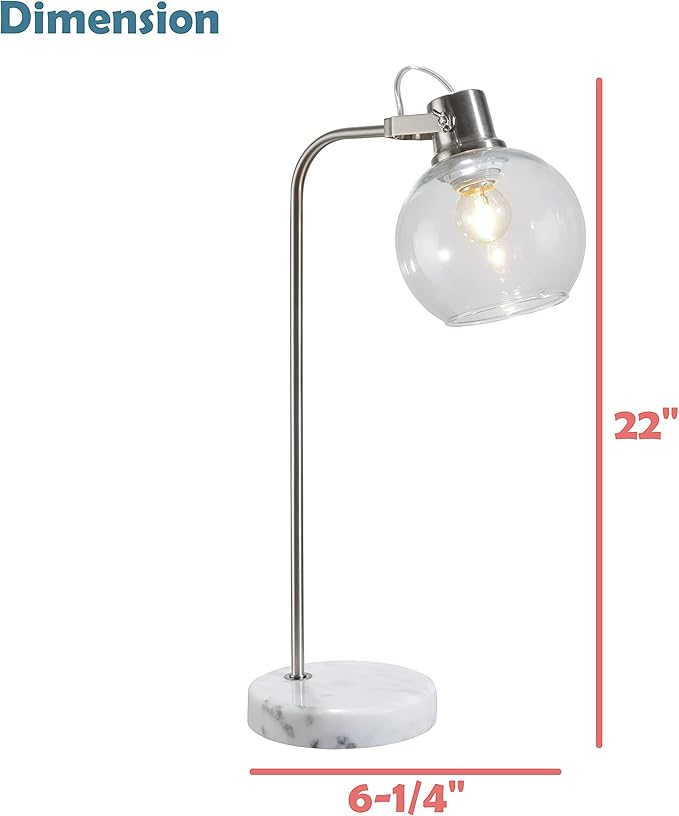 Aspen Creative Aspen Creative 40248-10-2, Metal Task Lamp 5" Clear Glass, Brushed Nickel Finish w/White Marble Base, Size: 6-1/4" D x 22" H, Set of 2 photo 5