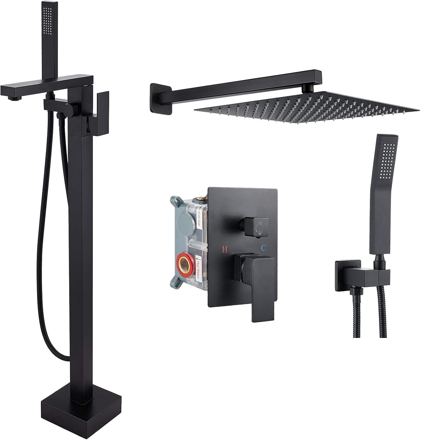 Aolemi Black Freestanding Bathtub Faucet Floor Mount Tub Filler Single Handle Brass Tap with Hand Shower and Swivel Spout 10'' Rainfall Shower System Combo Set Handheld Tap Wall Mount Mixer Faucet