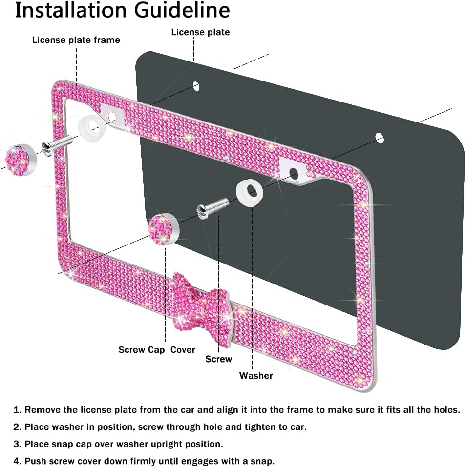 OTOSTAR 1 Pack Bling License Plate Frame with Ribbon Bow, Handcrafted Shiny Rhinestones Premium Stainless Steel 2 Holes License Plate Holder with Anti-Theft Screws Caps Set (Hot Pink/Hot Pink Bowtie)