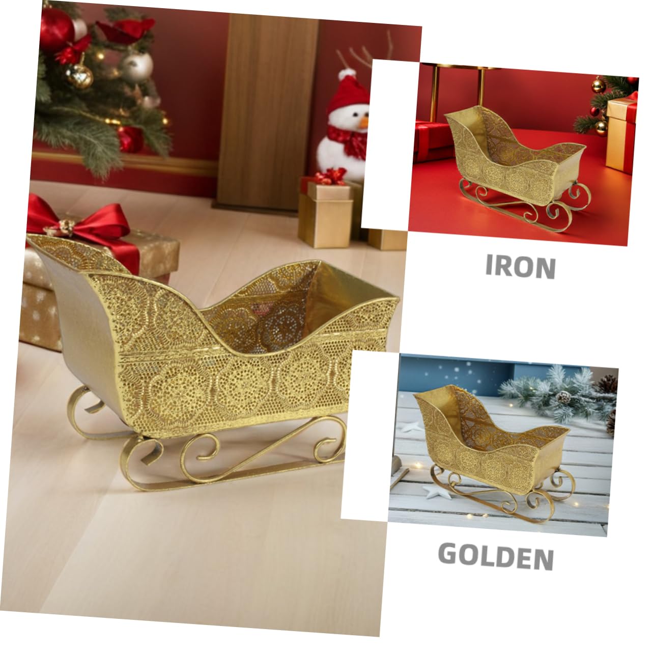 Weihnachtliche Metall Schlittendekoration in Gold Kleiner Stabiler Tischschlitten als Snackhalter für Regal und Festliche Winter Dekoration