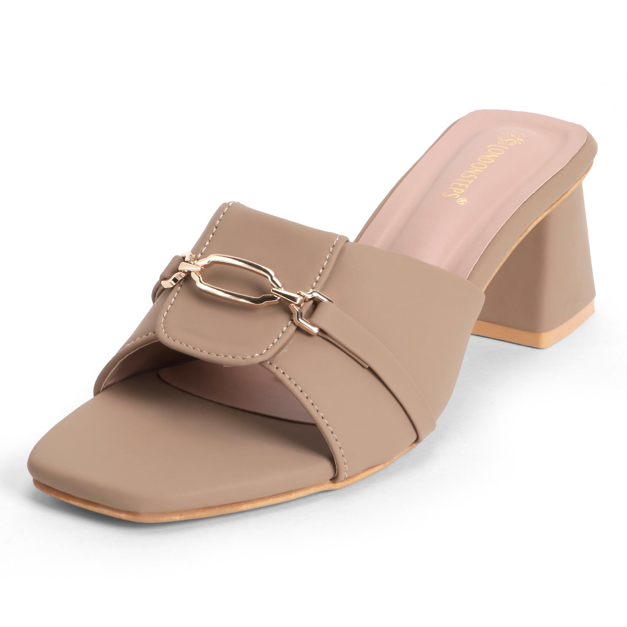 Women's Block Heel Mule Sandals | Stylish Slip-On Heels with Metal Chain Detail | Cushioned Footbed | Square Toe Fashion Slides for Party, Office & Casual Wear-image-18