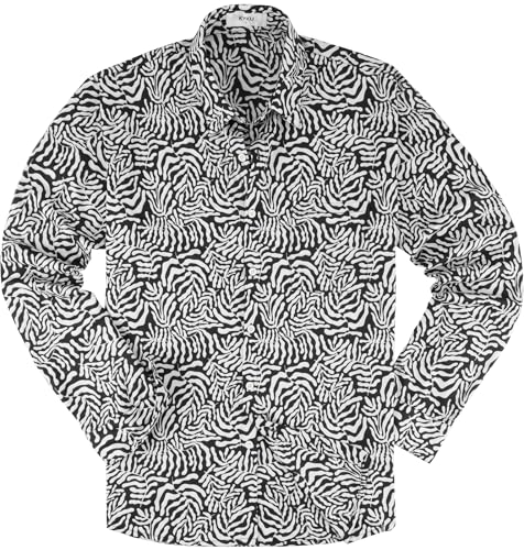 KYKU Mens Shirts Long Sleeve Button Down Casual Tropical Shirts for Men with Pocket Black White Abstract Leaf L