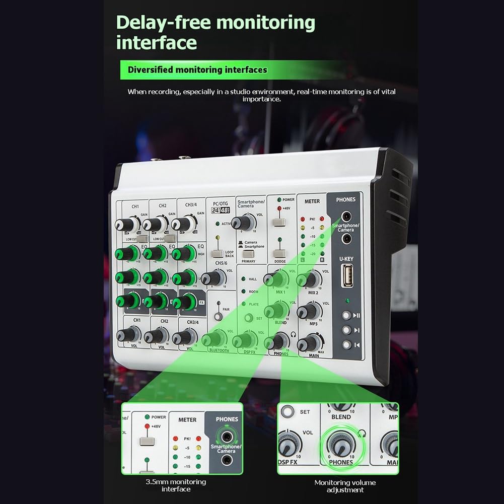 Mezclador de Audio OTG de 6 Canales con Conexión Bluetooth y USB, Transmisión en, Grabación, Ajuste de Frecuencia Alta y Baja de 48V.