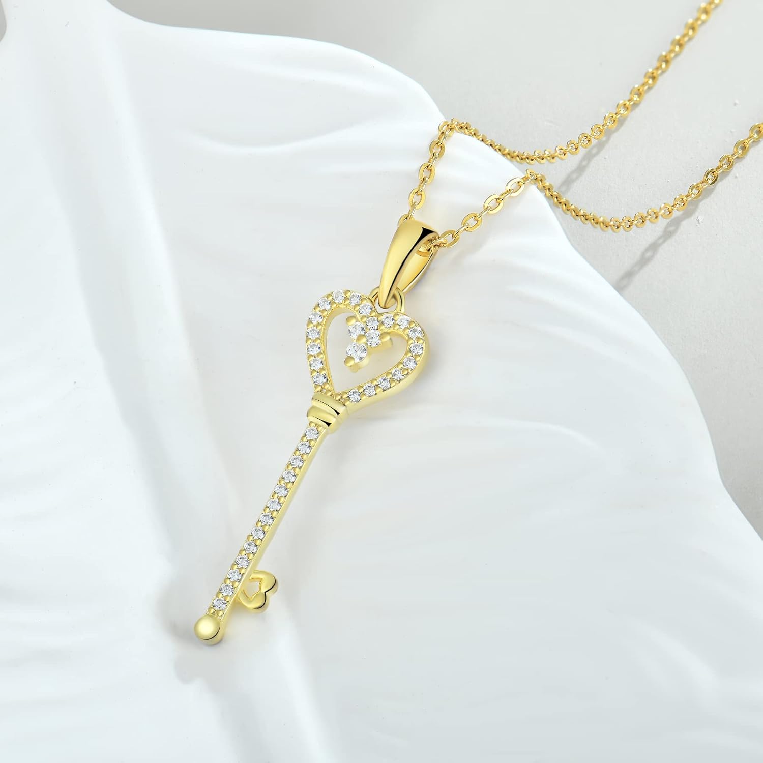 Women Necklace 925 Sterling Silver Heart Key Pendant Necklace with Cubic Zirconia Jewelry - Image 5