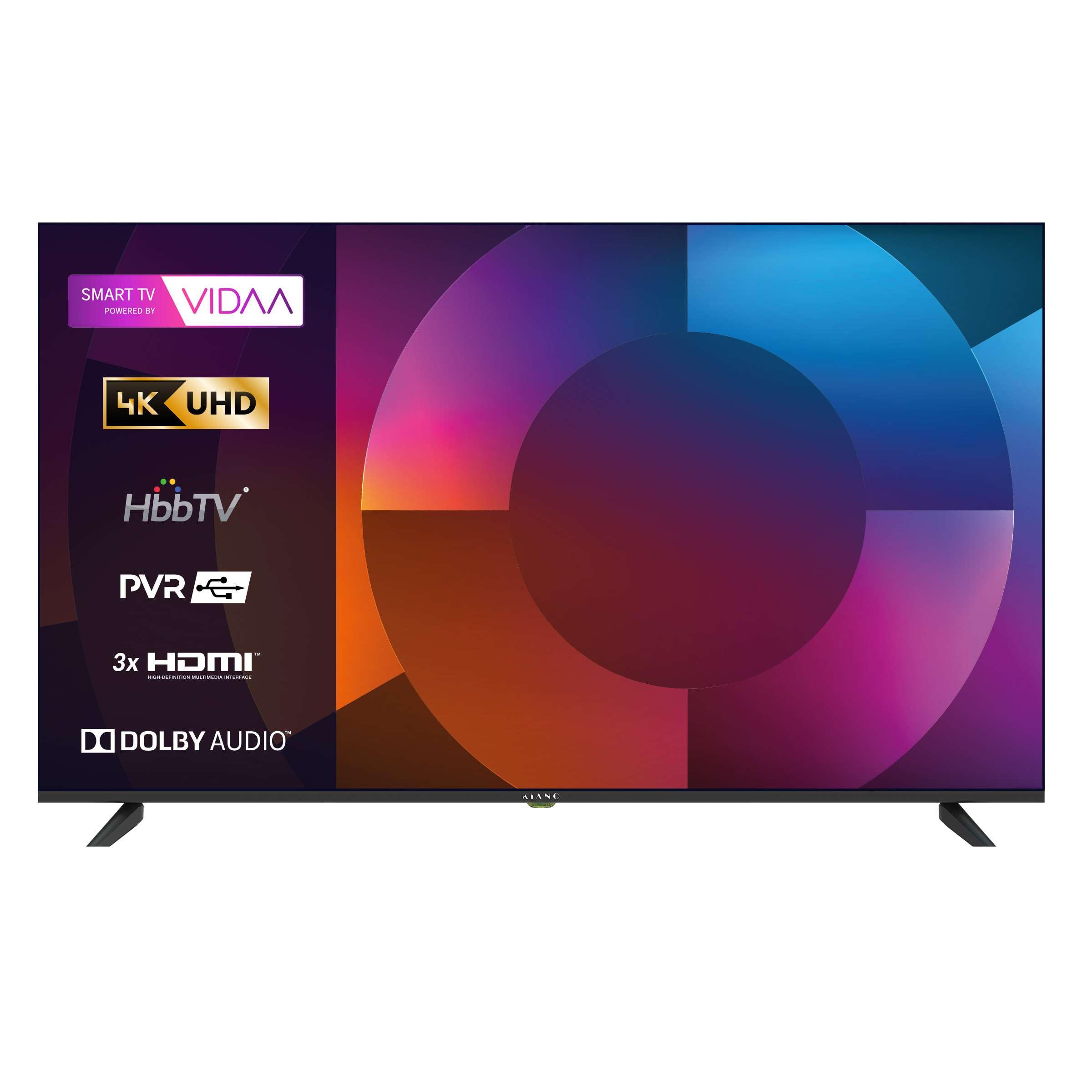 KIANO Elegance 55” Smart TV 4K UHD – VIDAA OS, D-LED, HDR, Dolby Digital Plus, Wi-FI, HDMI/USB, Triple Tuner DVB-T2/S2/C, PVR USB, Design sans Bordures