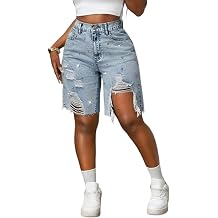 Tcremisa Womens Ripped Rhinestone Jean Shorts Sparkly Denim Shorts | Straight Leg Shiny Bling Beaded Jorts Distressed Destoryed Baggy Knee Length Bermuda Pants