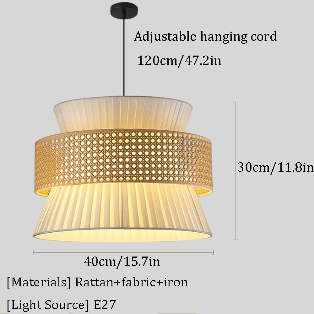 Lámpara Colgante De Ratán Tejido A Mano Wabi Sabi Con Pantalla De Tela Plisada, Lámpara De Techo Colgante Con Cable Ajustable Y Casquillo E27, Estilo Rústico Japonés, Ideal Para Isla