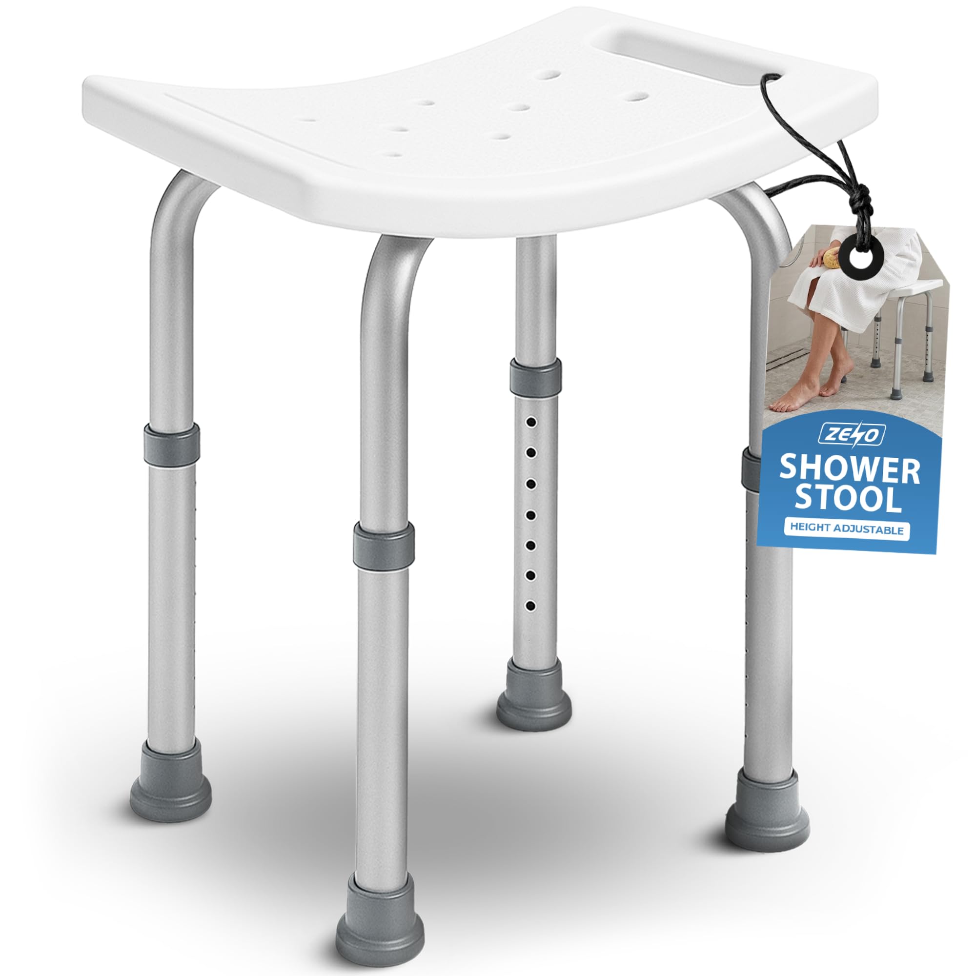 Zeno White Shower Stool 50Cm | Bath Seat Height Adjustable | Shower Chair | Shower Stools To Sit On In Shower | Shower Seat With Aluminium Frame & Non Slip Feet | 7 Height Shower Stool | 135Kg Capacity
