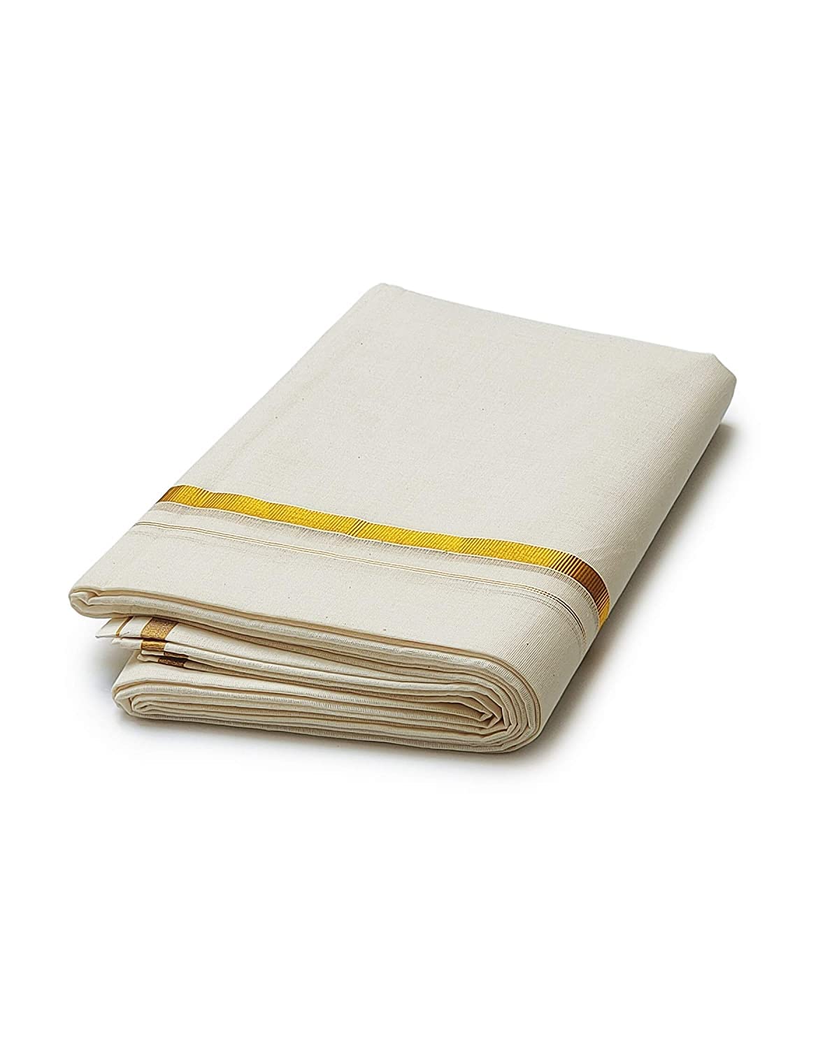 Dhoti Lungi Sarong aus reiner Baumwolle, mit goldfarbenem Zari-Bordüre, 3,6 m, cremefarben