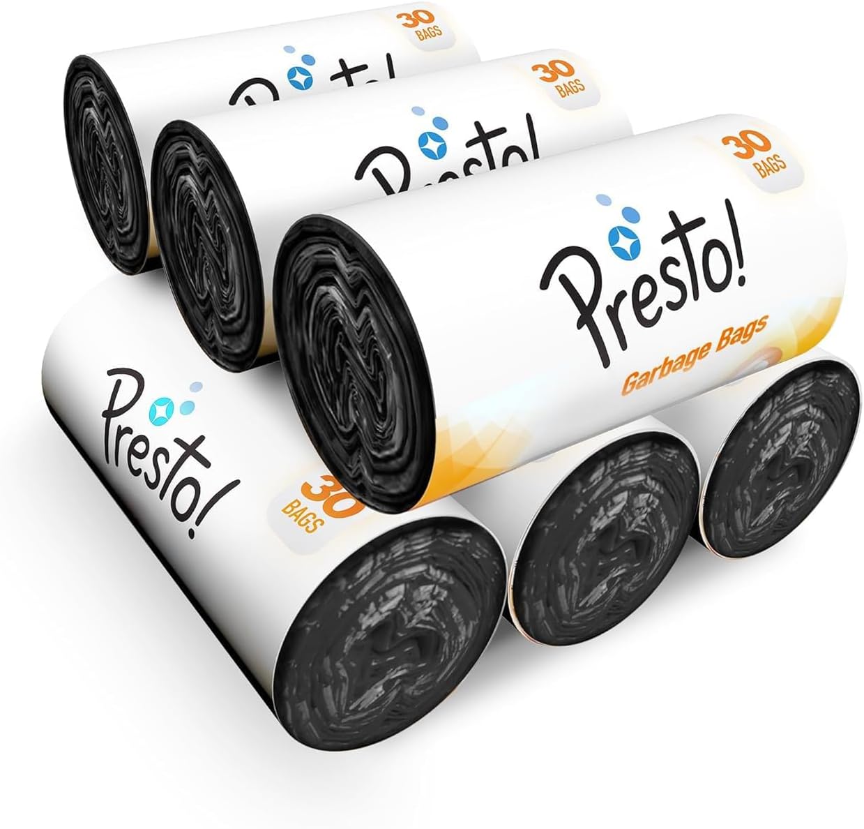 Amazon Brand - Presto! Garbage Bags | Small | 180 Count | 30 Bags X 6 Rolls | 17 X 19 Inches | For Dry & Wet Waste | Black