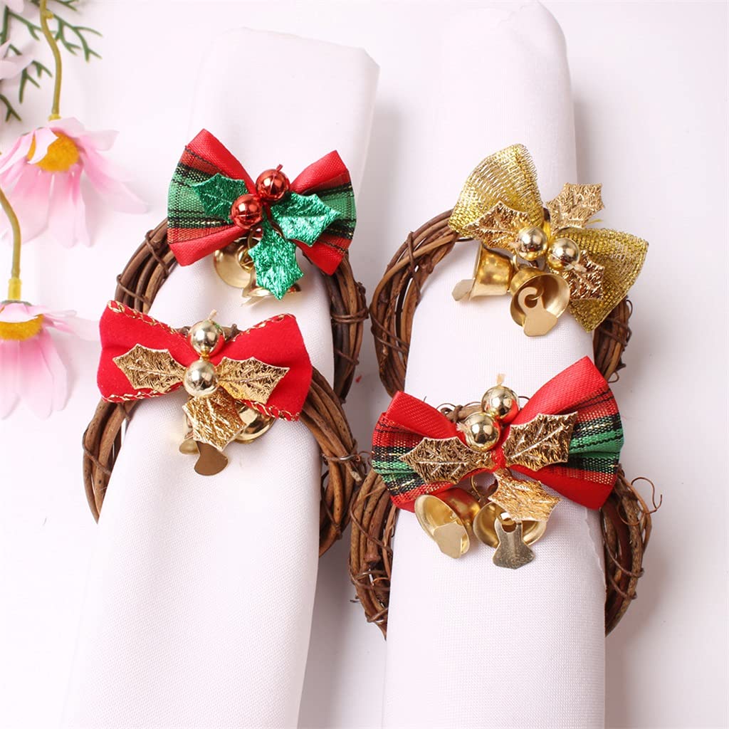 6 uds Navidad Bowknot Guirnalda servilleta Hebilla Mimbre Campana servilletero Doble Flor Boca paño Anillo (un tamaño)