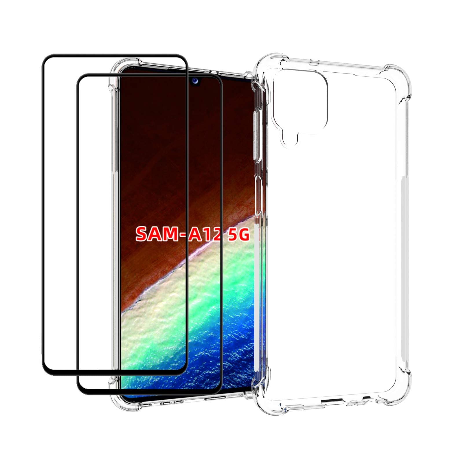 AWHfor Samsung Galaxy A12 / Galaxy M12 Case with Tempered Glass (2 Pieces) Slim Shock Absorption TPU Soft Edge Bumper with Reinforced Corners Transparent Protective Cover.