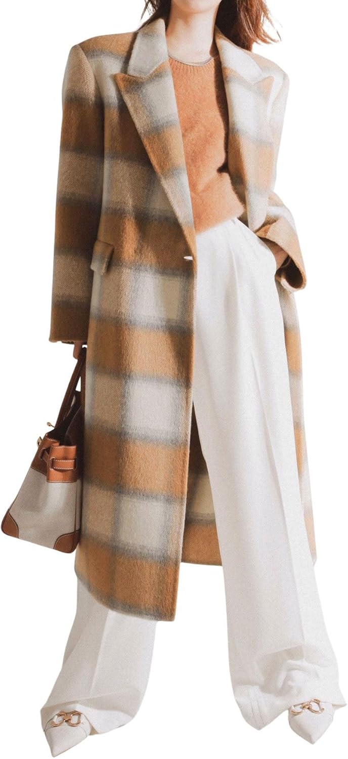 chouyatou Women's Elegant Plaid Wool Long Pea Coat Double Breasted Lapel Blazer Trench Coat Overcoat with Pockets