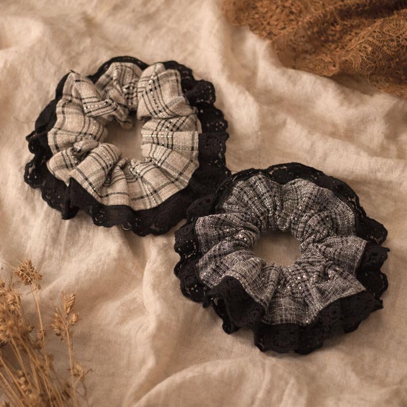 Oversized Lace Hair Scrunchies for Women, Cotton Linen Fabric Hair Ties, Gentle No Pull Elastic, Frizz Control & Thick Hair Friendly, Vintage Style, 2 Pack