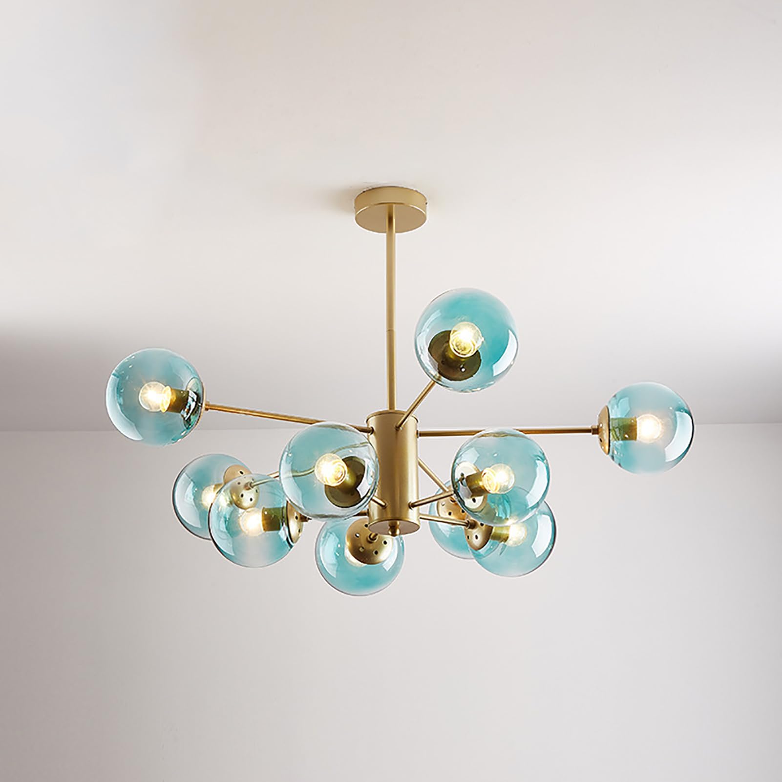 ksxnkhk Mid Century Modern Chandelier, Glass Linear Pendant Light Dimmable Light Fixture, Decorative Globe Ceiling Light for Dining Room, Bedroom, Kitchen, Easy Installation(10 Heads, Gold + Blue)