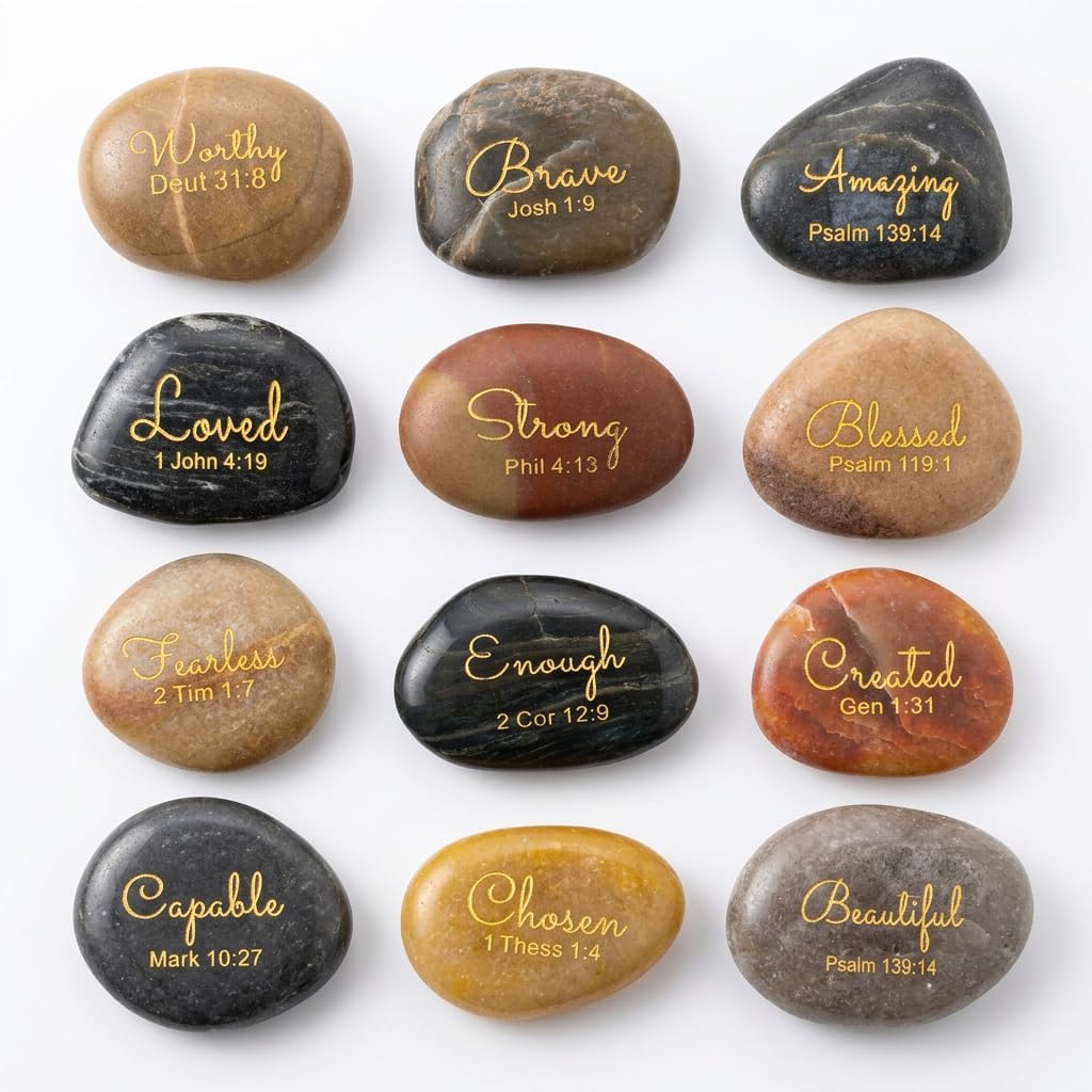 12Pcs Christian Inspirational Rocks Bible Verses Scripture Engraved Stones | Encouragement Scripture Stones with Inspiring Prayer Word for Church Meditation Bible Study Friends Gifts Home Decor