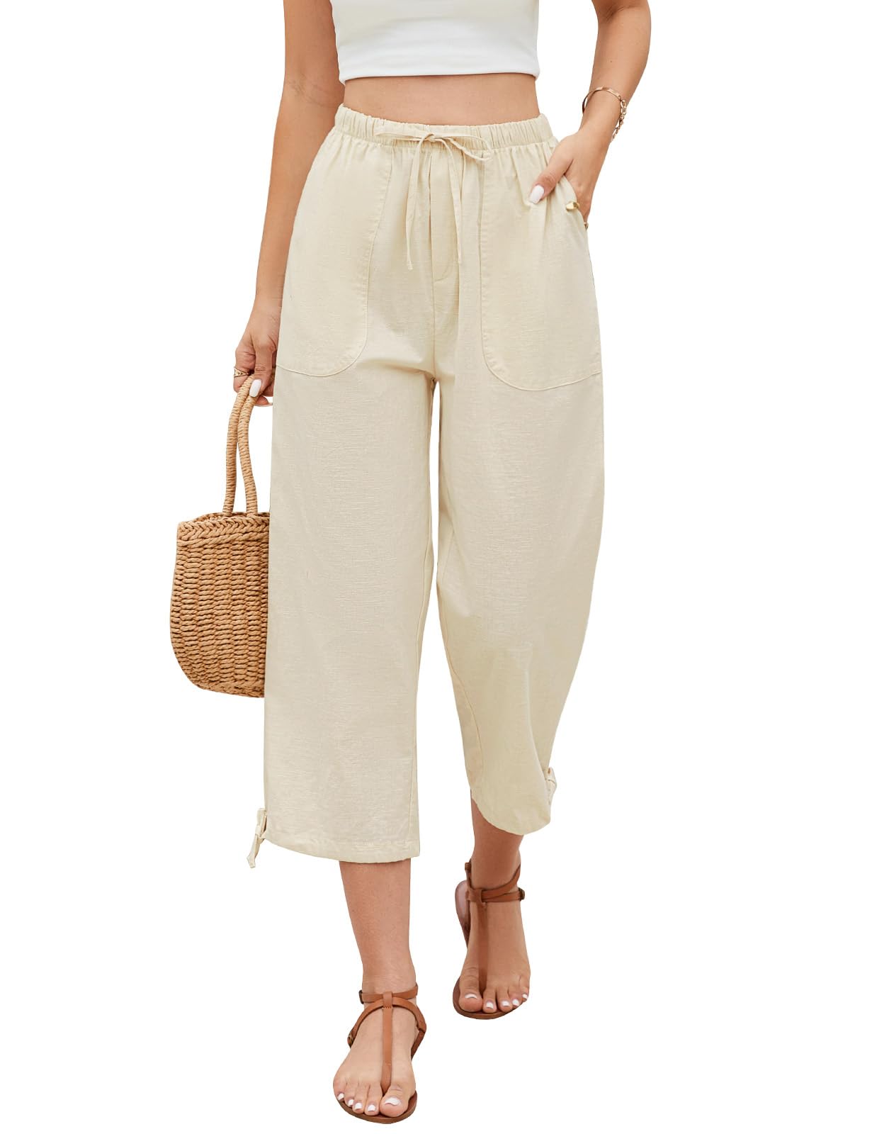 Pantalones Mujer Verano Lino Algodón 3/4 Cordón Bolsillos Flojo Playa Anchos Ligeros