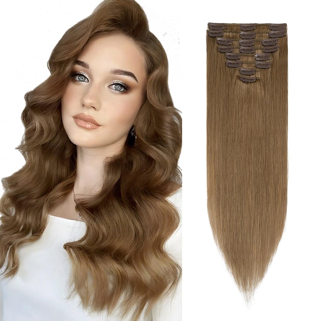 Rich Choices Clip in Hair Extensions Real Human Hair Light Brown 8 Inch Remy Extensions Clip in, 8PCS 45g Invisible Thin Weft