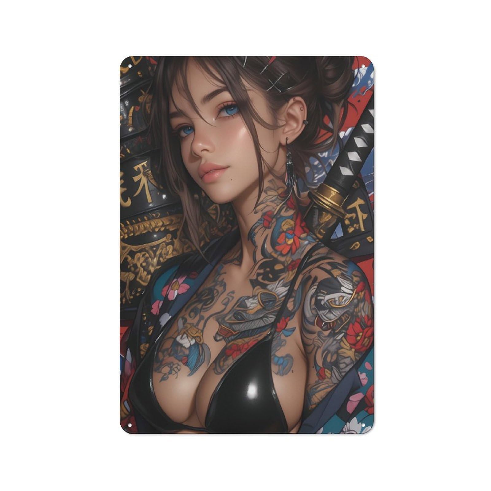 Junmoney Style-21 Everyday Japanese Tattooed Woman With Katana Metal Gift Sign 30X20cm, Room Wall Plaque For Home, Shop, Pub Or Studio Wall