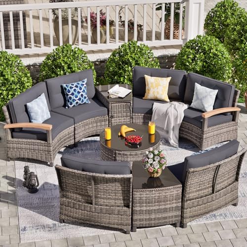 MEISSALIVVE 9 Piece Outdoor Patio Furniture Set, Half-Moon Curved Sectional Sofa Rattan Conversation Set with Wood Armrests, Coffee Table & Side Table(Grey)