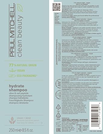 Paul Mitchell Clean Beauty Hydrate Shampoo, Replenishes Hair, Adds Moisture, For Dry Hair