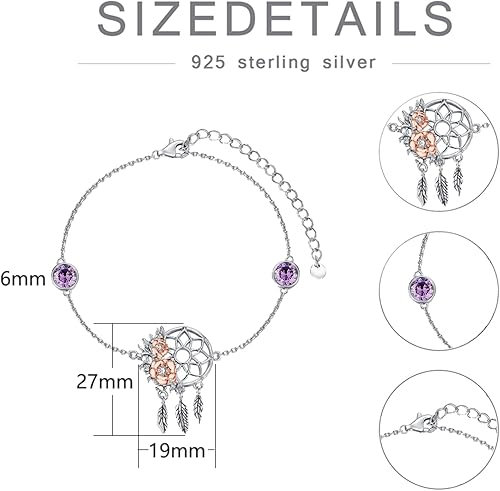 Miniatura 5 de Pulsera atrapasueños chapada en oro blanco y amarillo de 18 quilates, piedra lunar S925, piedra natal, rosa, flor atrapasueños, joyería de regalo de