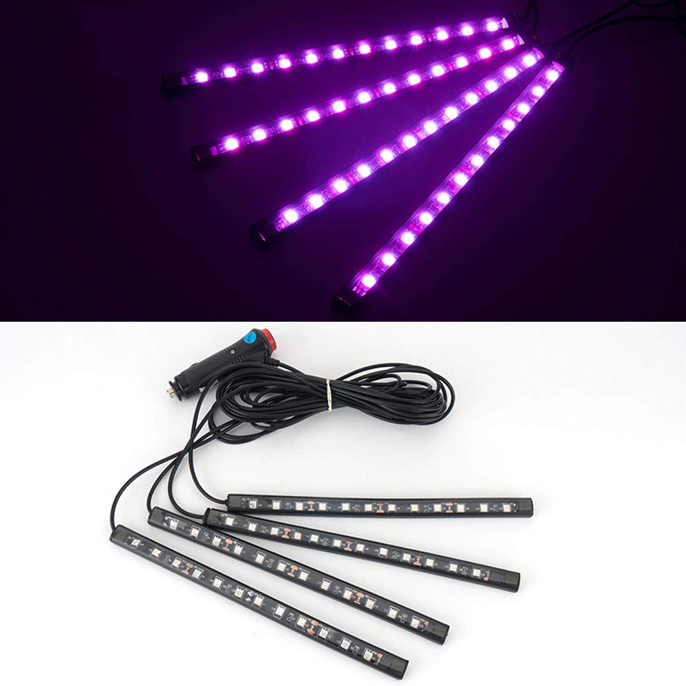 Waterproof 4PCS Music Light Strip 48 LED Car Interior Lights DC 12V Multicolor Atmosphere lamp Lighting Kit with Sound Active and Wireless Remote Control (Purple)