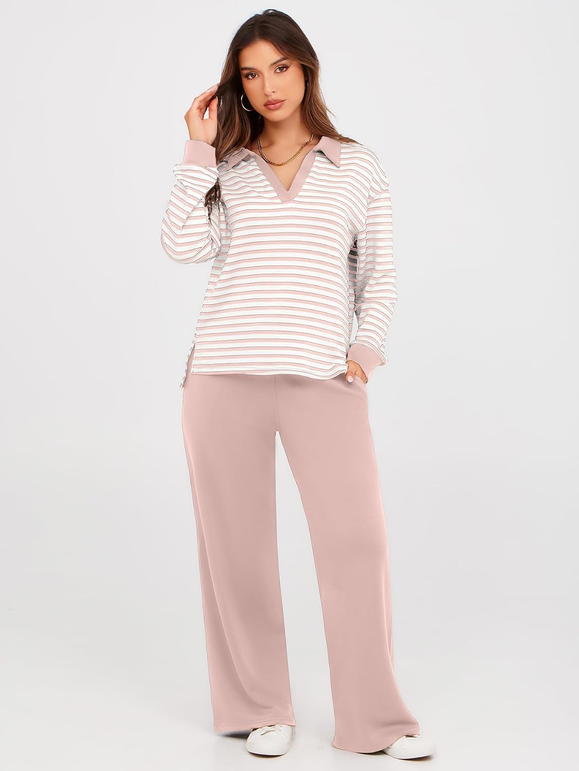 Glamaker Women's 2 Piece Sets Outfits Casual Long Sleeve Sweatsuits Polo Top and Wide Leg Pants Matching Sets
