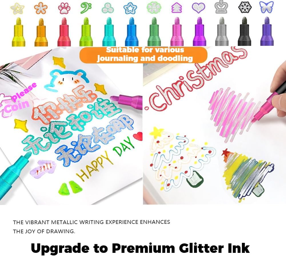 12/24/36/48 Colors Dreamy Sparkle Dual-Line Contour Pen, Quick-drying Self Outlining Glitter Markers, Double Line Outline Marker for Glass, Birthday Greeting Card, Doodling, DIY Art Crafts (48 Colors)