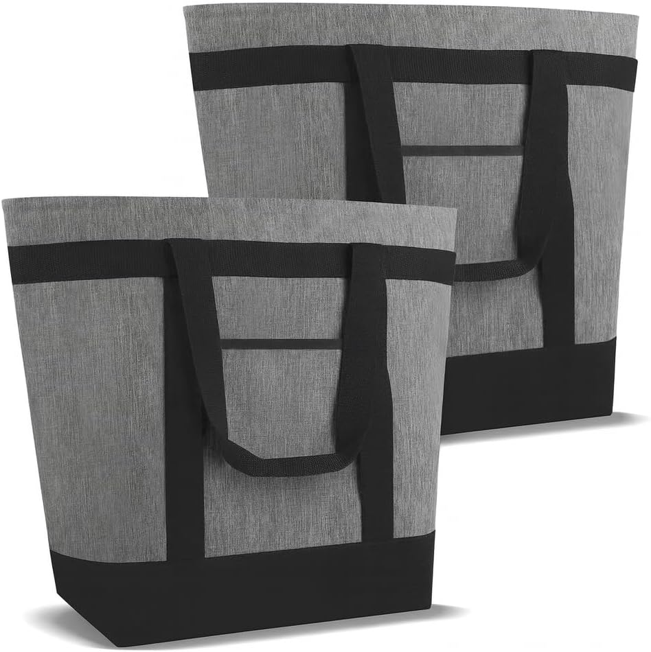 CIVJET 2PK Cationic Fabric Insulated Cooler Tote Bags, Waterproof Design, Soft Totes with Zipper and Sided Pockets for Food Delivery, Grocery Shopping, Travel & Beach, Large Leak Proof Thermal Bag