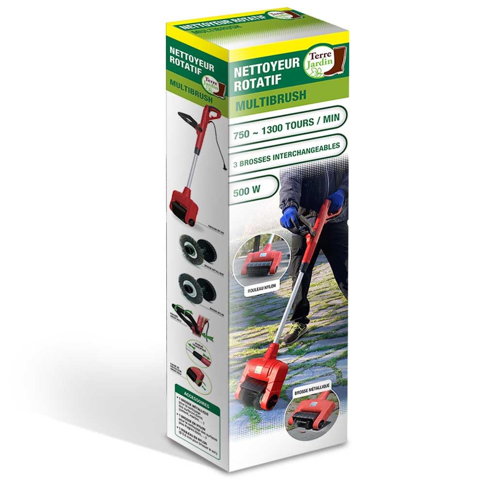 TERRE JARDIN Limpiador Eléctrico 500W - Cepillo Rotativo 3 en 1 para Terraza, Losas y Juntas - Desherbador Eléctrico Polivalente con 3 Cepillos Intercambiables