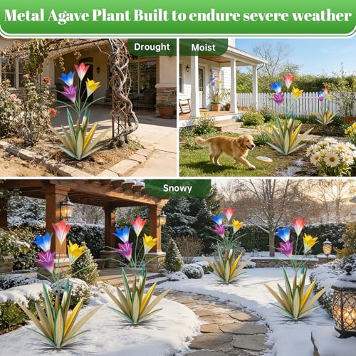 Image of TOMBABY 32.28 Inch Metal Agave Plant Outdoor Decoration Lily Mexican Yard Art Garden Gift Home Decor Hand Painted Metal Agave Garden Yard Statue (2pc, Grass Green)