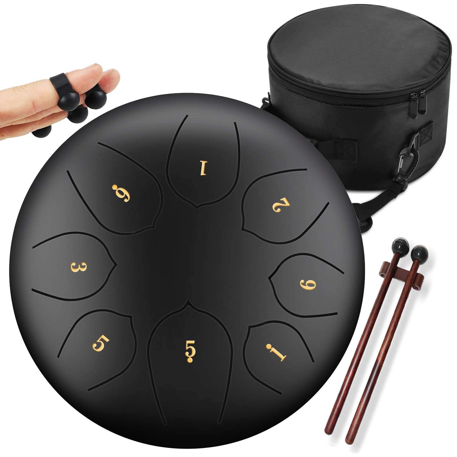 8 notatek 8 cali stalowy bęben językowy, bęben ręczny Lotus Instrument muzyczny do jogi z wyściełaną torbą podróżną i gumowymi młotkami, dla początkujących, czarny