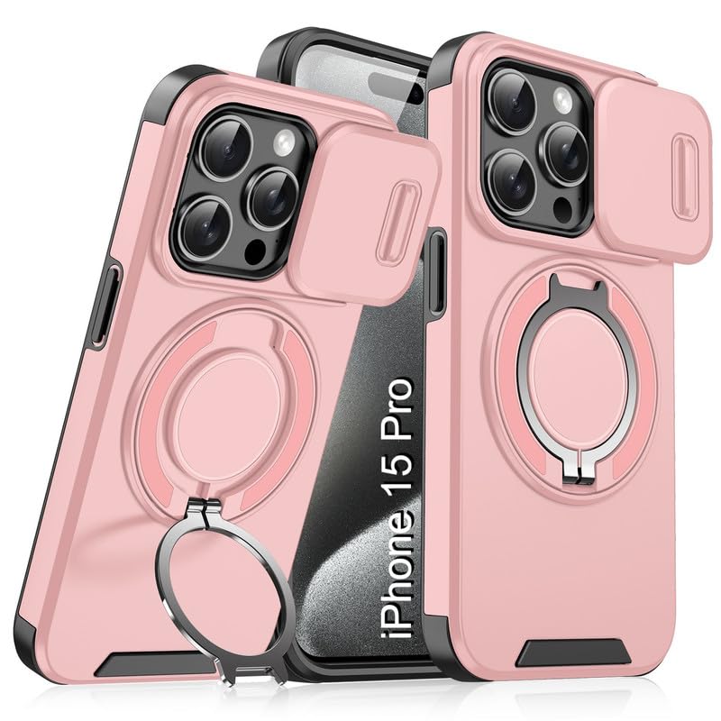 Image of LuxuryKase Shockproof Rugged Case for iPhone 15 Pro | Slide Camera Cover | 360 Rotating Ring Kickstand | Military-Grade Protection - Rose Pink