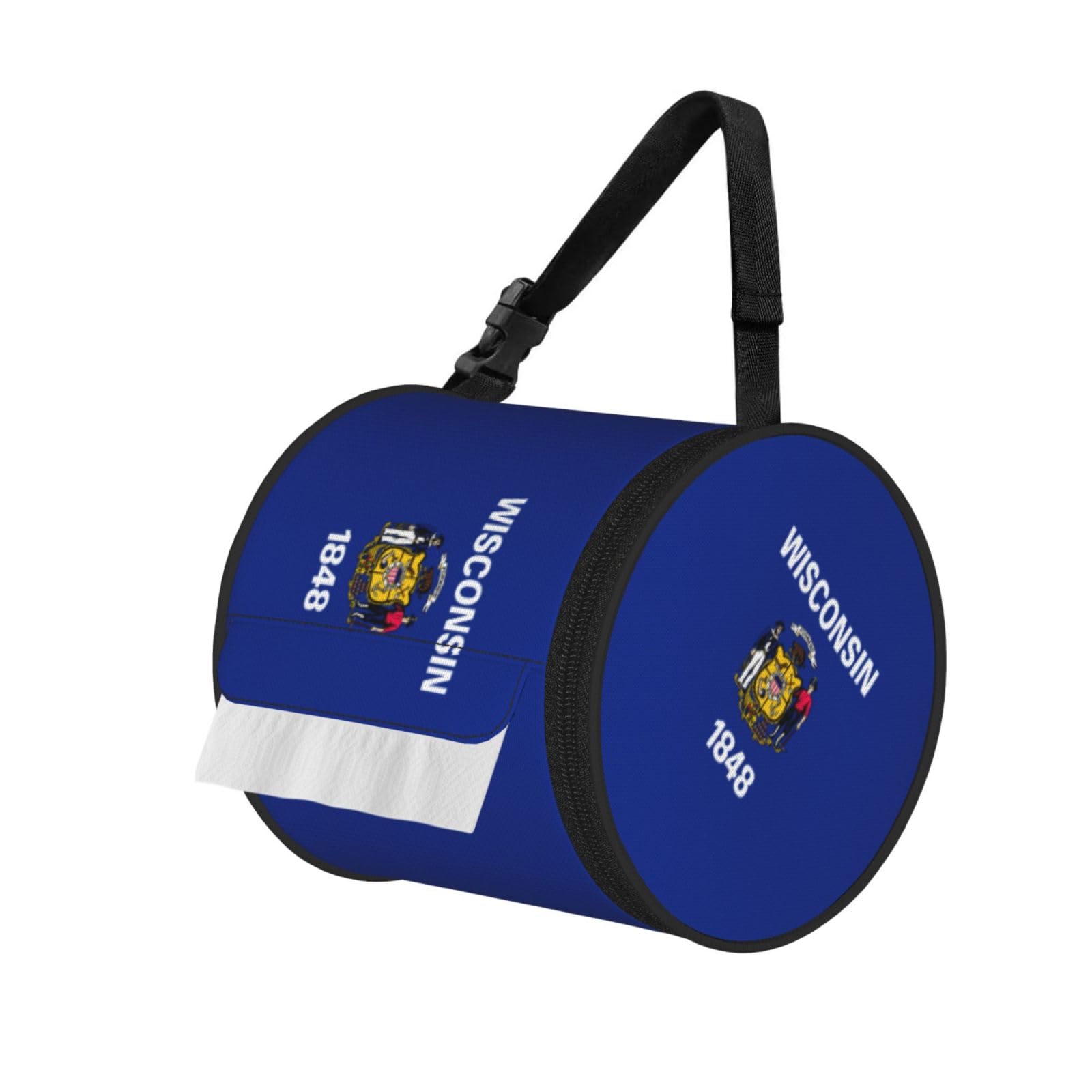 Wisconsin State Flag Print Round Tissue Dispenser Bag With Carry Strap, Portable Roll Holder For Car Travel Home