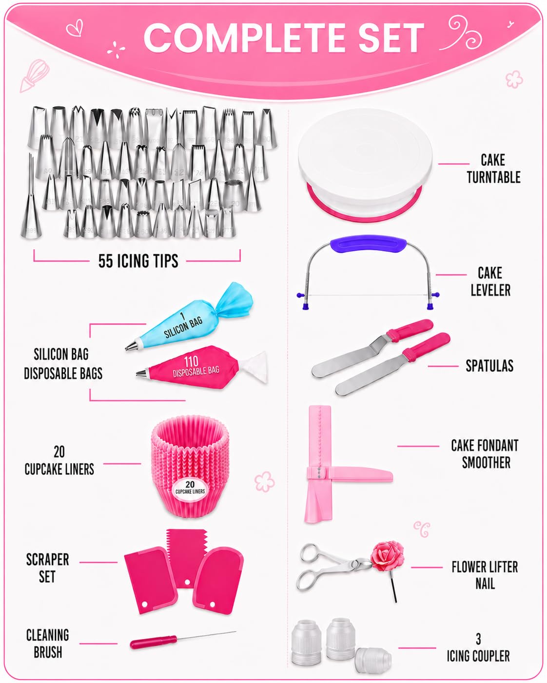RFAQK Kit de décoration de gâteaux – 200 pièces avec plateau tournant – niveleur à gâteau – 55 douilles numérotées et douilles avec tableau de motifs et e-book – 110 poches à glaçage – Spatule droite
