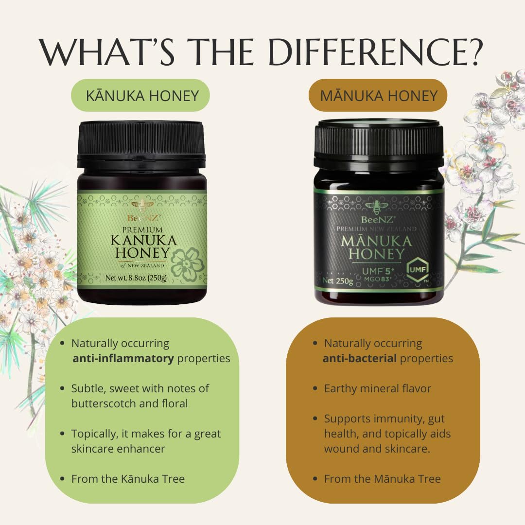 BeeNZ Raw Kānuka Honey – Pure New Zealand Monofloral Kānuka Honey, Natural Sweetener & Superfood for Wellness, Skin Care, and Gourmet Food Pairing - No Sugar Added, Pantry Staple, Hive-to-Jar Traceable (17.6 oz)