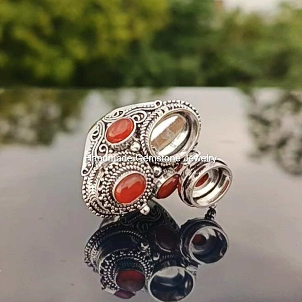 Handcrafted Natural Carnelian Statement Ring - Vintage Dual Box Desgin Wedding Jewelry, Orange Stone Artisan Pill Box Ring, Romantic Valentine's Gift for Women