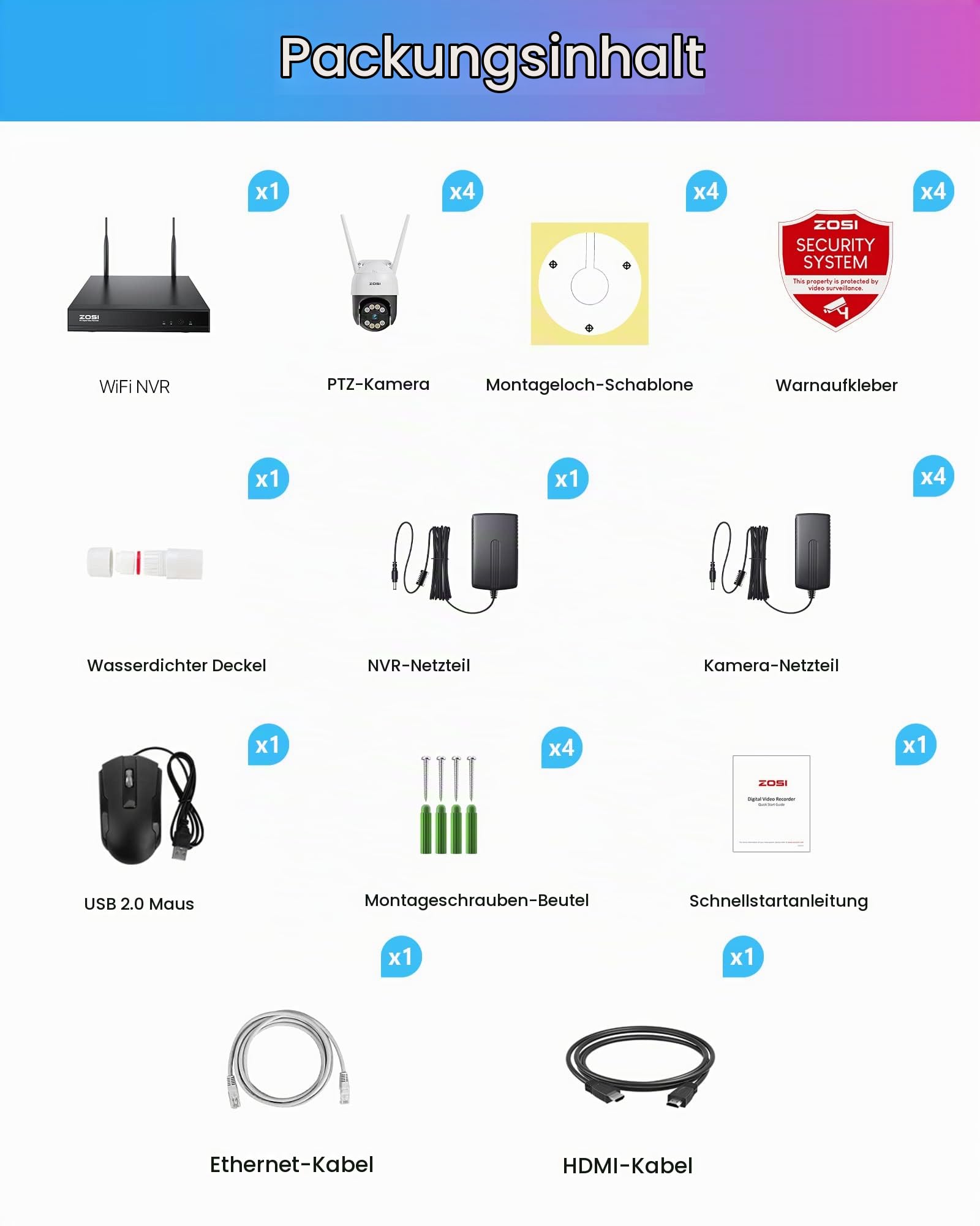 ZOSI 3MP Überwachungskamera Set WLAN Aussen, 4X Pan/Tilt IP Dome Kamera