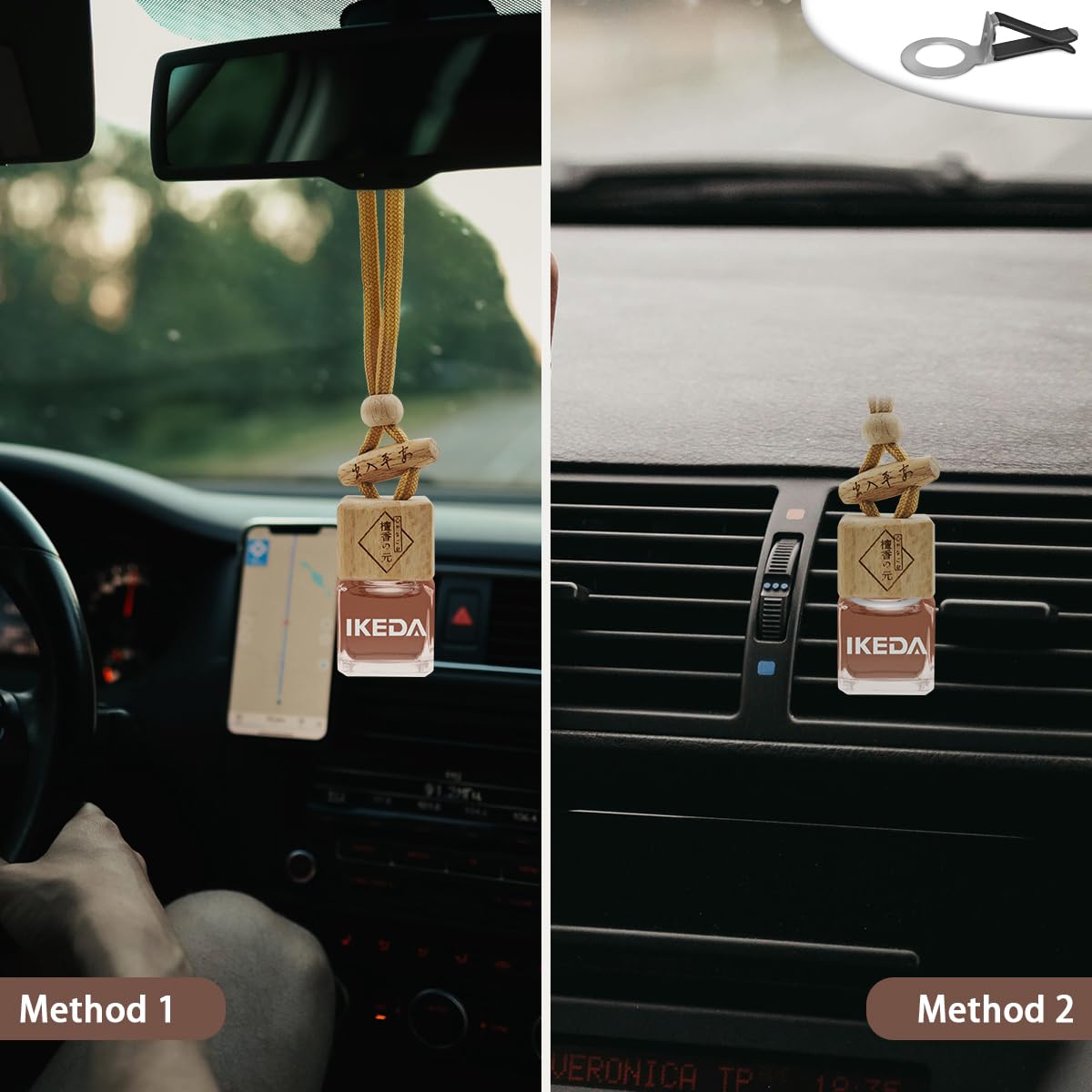 ikeda fragrance Auto-Lufterfrischer, quadratischer hängender Autoduft mit Entlüftungs-Clip-Flasche, langanhaltender Duft, Diffusor für ätherische Öle, Geruchsbeseitigungsmittel, quadratisch