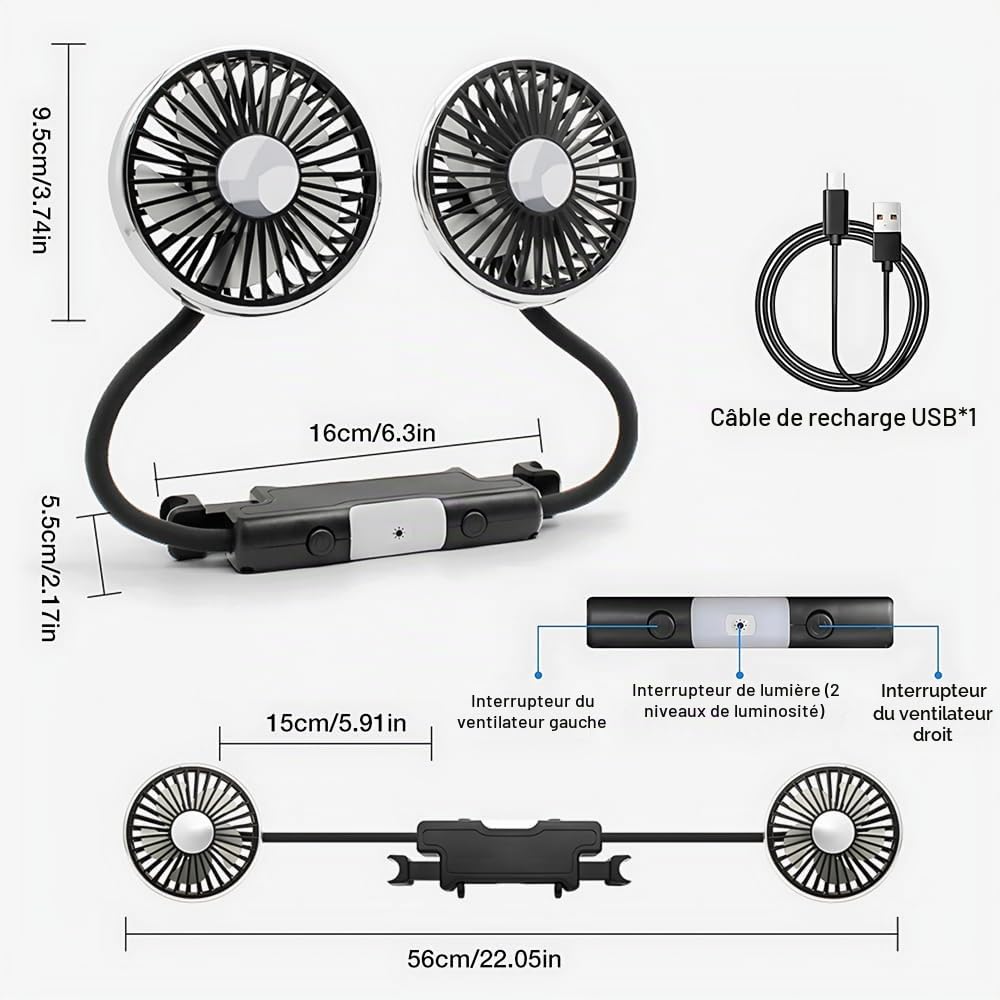 Ventilateur de voiture pour siège arrière, double tête, 12 V, rotation à 360 °, USB, avec 3 vitesses et 2 niveaux de luminosité, lumière LED pour camion, camionnette, SUV