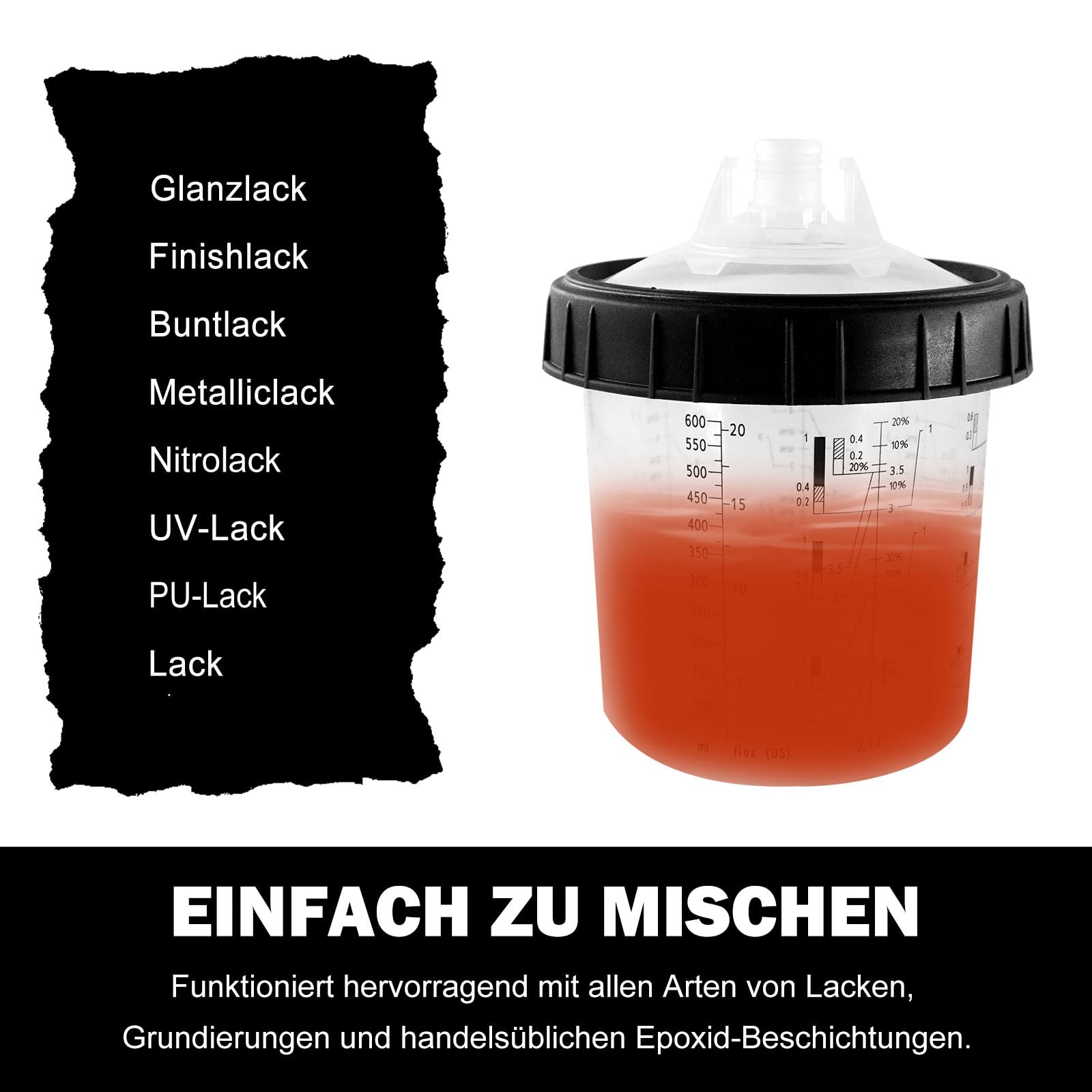 Einweg Farbspritzpistolenbecher 20 Unzen (600 ml) Set 50 Becher Deckel HVLP LVLP Farbsystem