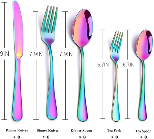 Miniatura 2 de Rainbow - Juego de cubiertos coloridos de acero inoxidable, juego de vajilla de colores para 8, juego de cubiertos de 40 piezas para 8, juego de