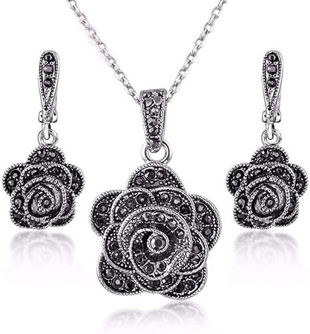 Vintage Black Crystal Geometric Rose Flower Necklace Earrings Fashion Jewelry Sets Christmas Day Gifts